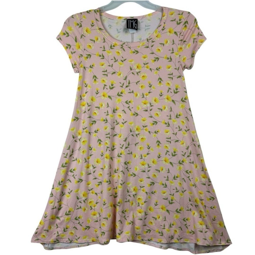 Vtg TMG New York Pink Yellow Floral Dress MEDIUM soft stretch flowy USA Made